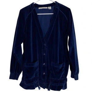 Vintage 90s Velour Grandma Cardigan Size Small Navy Blue Retro Velvet Shirt Top